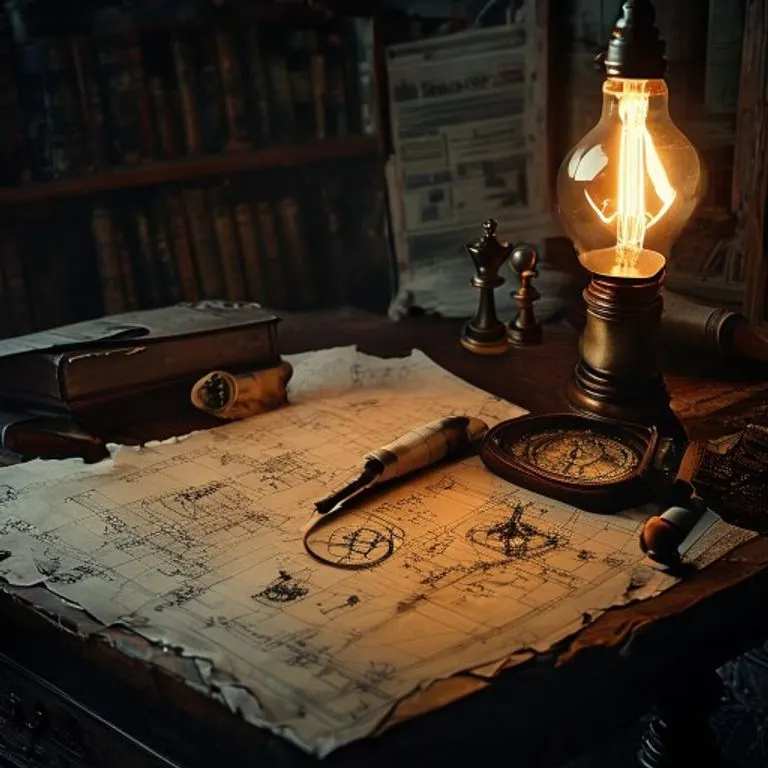 Fotografía cinematográfica de un escritorio vintage con planos, un tablero de ajedrez y una bombilla encendida.