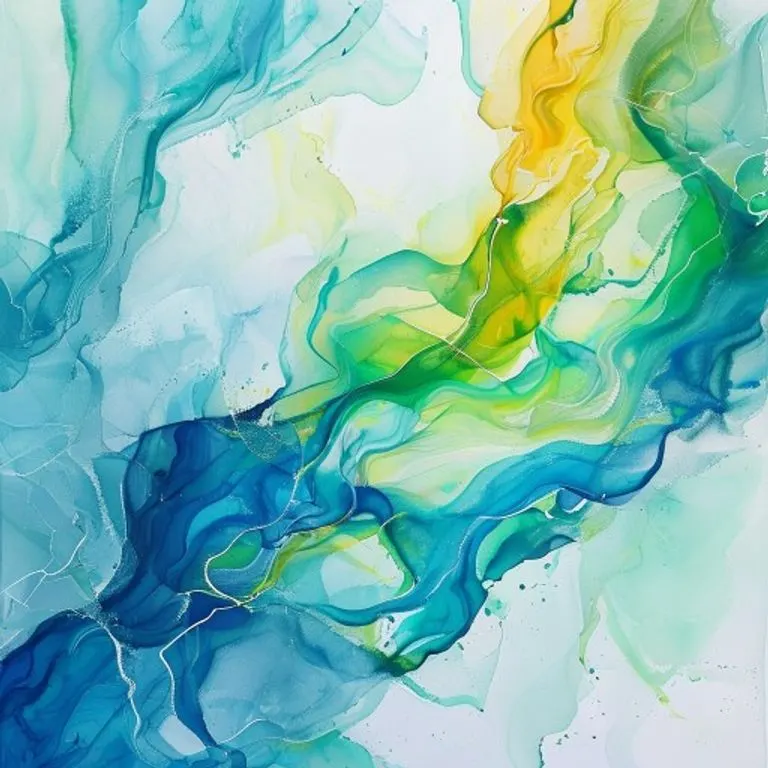 Pintura abstracta en acuarela con tonos azules y verdes entrelazados, evocando fluidez y colaboración.