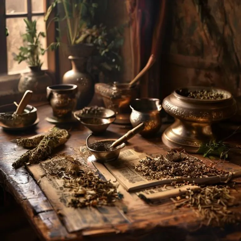 Fotografía cinematográfica de textos ayurvédicos antiguos y vasijas de cobre sobre una mesa de madera, con un mortero y hierbas secas, luz cálida y sombras profundas.