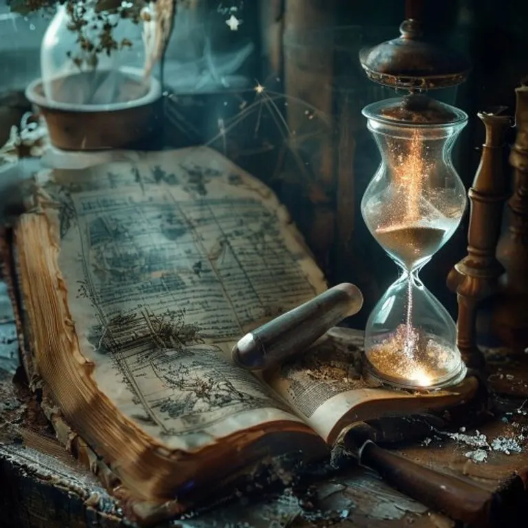 Naturaleza muerta de un libro médico antiguo abierto con un gráfico celestial transparente, un mortero con hierbas, un reloj de arena y un cristal brillante.