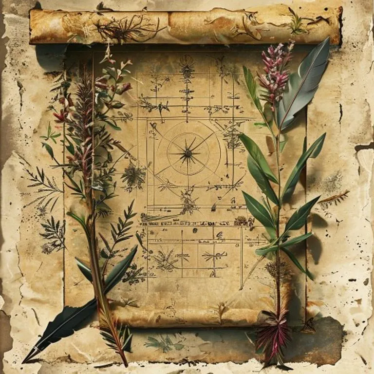 Arte conceptual de un pergamino antiguo con símbolos astrológicos y botánicos, una pluma de ave al lado, bajo una luz tenue.