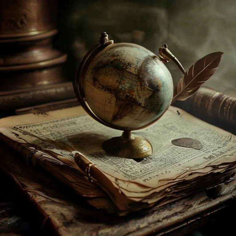 Bodegón cinematográfico de un globo terráqueo antiguo sobre una pila de libros contables viejos, con una pluma de ave al lado, bajo una iluminación dramática que crea fuertes contrastes, atmósfera polvorienta, sin personas.