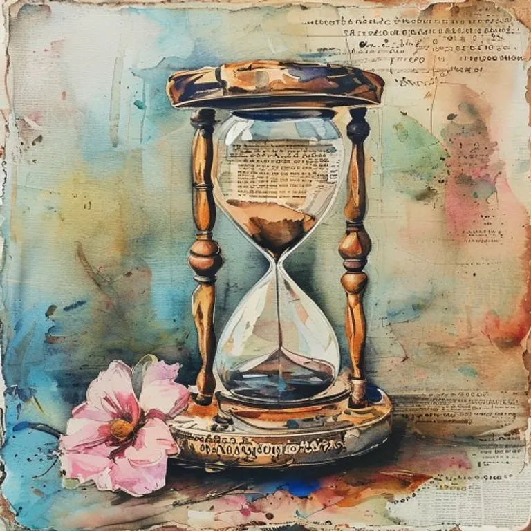 Pintura en acuarela de un reloj de arena roto junto a un periódico con titulares ilegibles, y una flor marchita, con una paleta de colores apagados, simbolizando el paso del tiempo y el cambio, con un fondo abstracto, sin personas.
