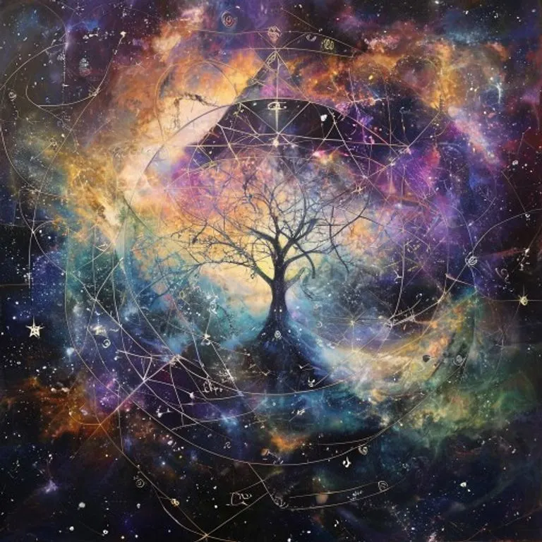 Arte conceptual abstracto de energía cósmica formando patrones geométricos, sugiriendo el Árbol de la Vida y el zodíaco.