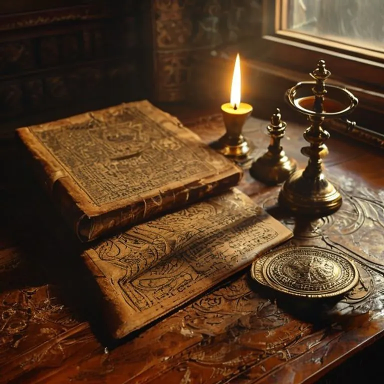 Fotografía cinematográfica de textos astrológicos indios antiguos, encuadernados en cuero envejecido, sobre una mesa de madera pulida. Un astrolabio de latón y una lámpara de aceite parpadeante proyectan sombras largas. Iluminación suave y difusa.