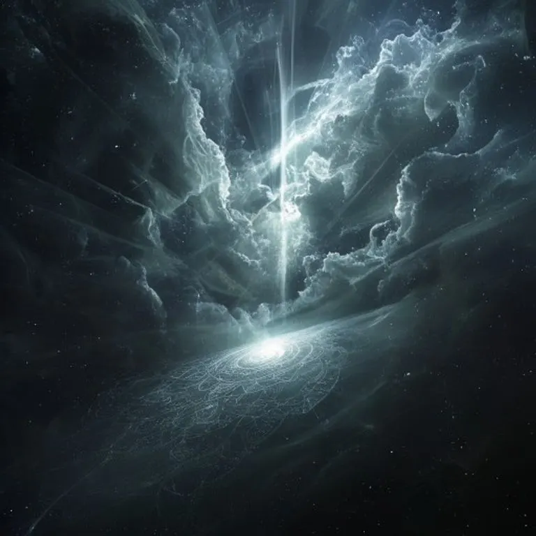 Arte conceptual: Un haz de luz etérea pura atraviesa una densa nube cósmica, iluminando un delicado y complejo patrón de mandala grabado en una superficie oscura y reflectante. La luz crea refracciones brillantes y resalta la geometría compleja. Abstracto, espiritual y luminoso.