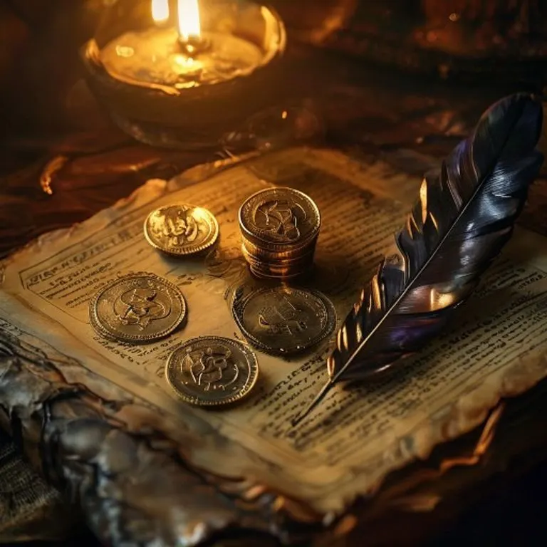 Monedas antiguas y pluma de ganso sobre libro de astrología abierto.