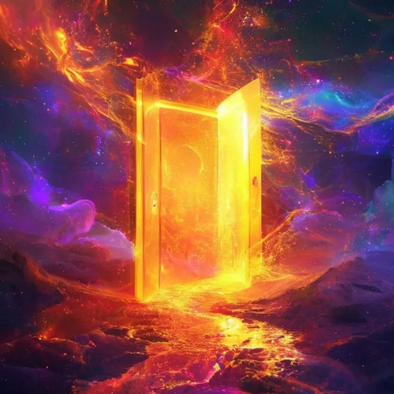 Llave dorada abriendo puerta luminosa en paisaje cósmico abstracto.