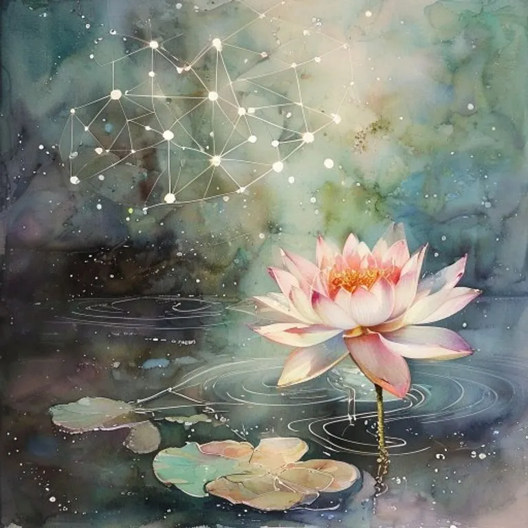 Pintura acuarela de flor de loto emergiendo de agua con constelaciones