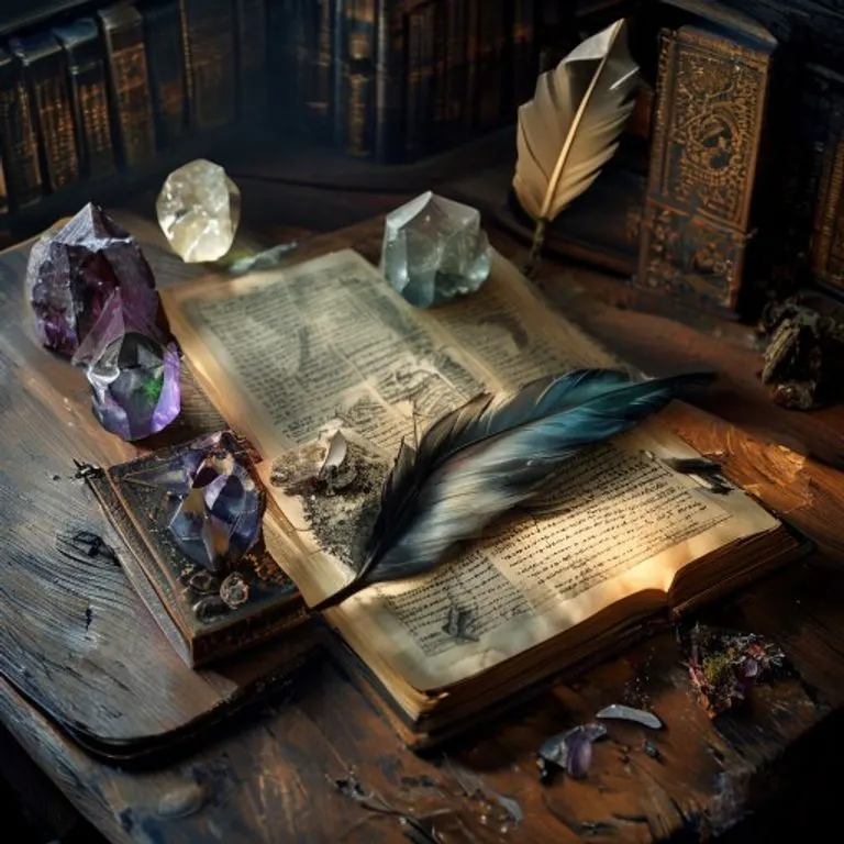Una mesa de madera antigua con un libro abierto de geometría sagrada, rodeado de cristales maestros sin pulir, iluminado por una luz lateral dramática. Hay una pluma y una caja de madera tallada.