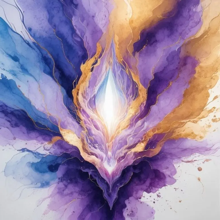 Una pintura abstracta en acuarela con colores vibrantes de índigo, violeta y dorado, emanando de una forma cristalina central y luminosa, sugiriendo expansión de la conciencia y flujo energético.