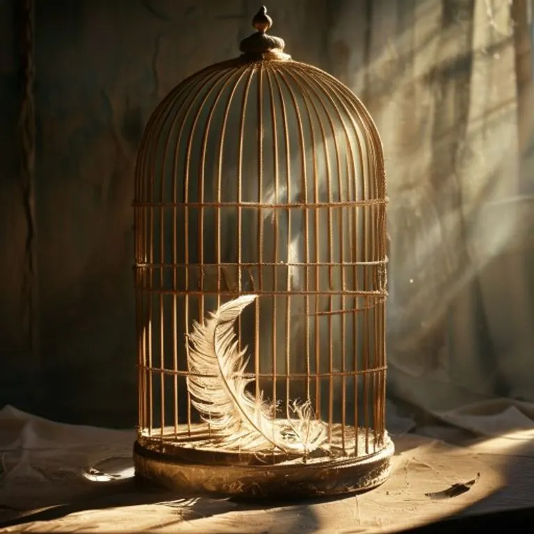 Fotografía cinematográfica de un antiguo birdcage con la puerta abierta, una pluma solitaria en el umbral, bañado por una suave luz matutina, evocando liberación y libertad.