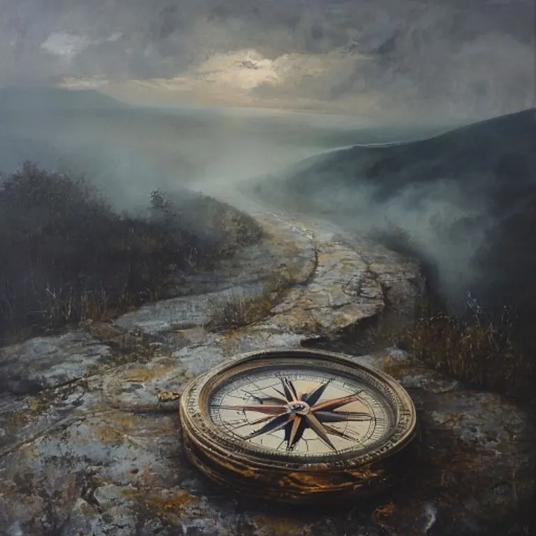 Pintura al óleo de una carretera sinuosa que se pierde en un horizonte brumoso y desconocido, con una brújula antigua y ornamentada en primer plano sobre una piedra erosionada, simbolizando un viaje impredecible y el destino.