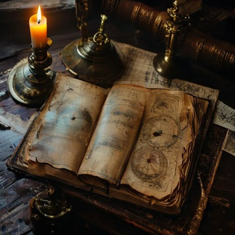Fotografía cinematográfica de un libro de astrología antiguo abierto con cartas astronómicas y un astrolabio.
