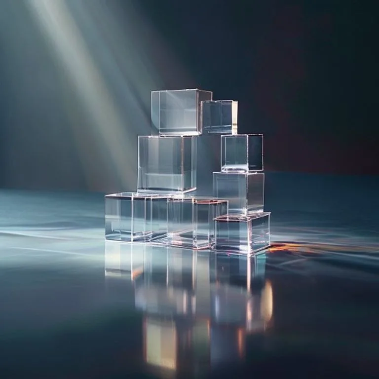 Arte conceptual de bloques numéricos translúcidos en espiral, iluminados con luz fría.