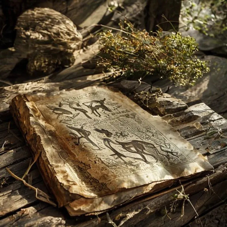 Fotografía vintage de una mesa de madera desgastada con un manuscrito celta abierto, hierbas secas y una piedra de río pulida, bajo una luz suave y moteada, sin figuras humanas.