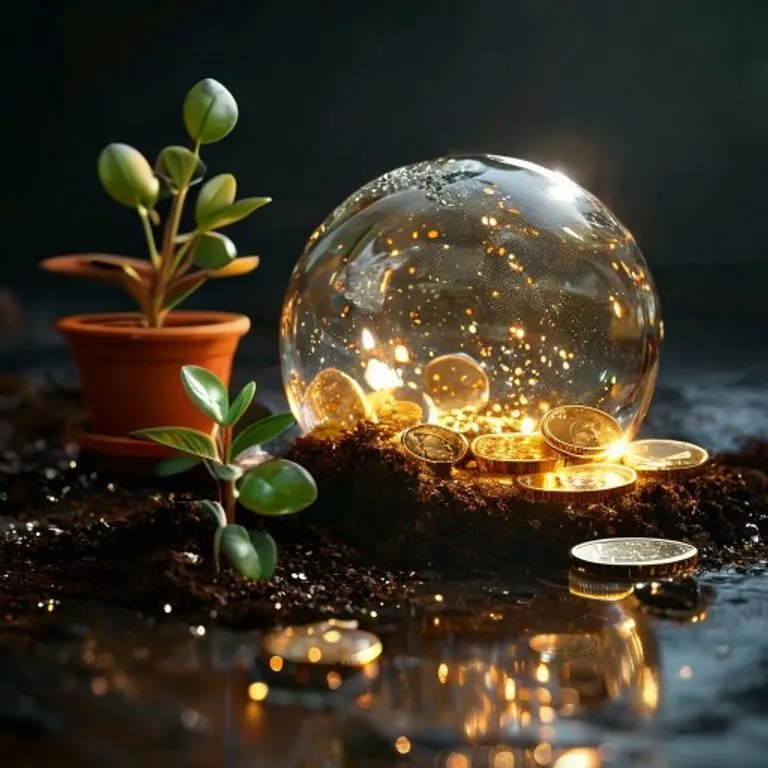 Fotografía cinemática de monedas de oro y un cristal brillante junto a una planta verde en maceta, sobre una superficie oscura y reflectante.