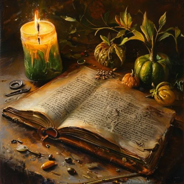Pintura al óleo de un diario abierto con intenciones escritas, iluminado por una vela verde, rodeado de semillas y una llave plateada.