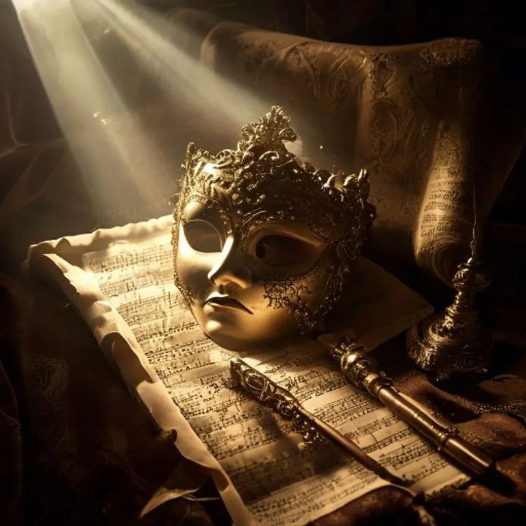 Fotografía cinematográfica de una máscara de teatro dorada sobre terciopelo, con partituras y un cetro.
