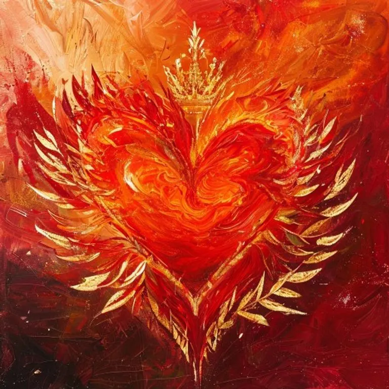 Pintura al óleo abstracta de un corazón vibrante con patrones de laurel y una corona sutil.