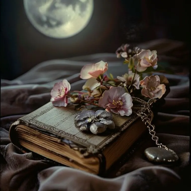 Diario vintage con flores secas, medallón de plata y piedra de río bajo luz lunar