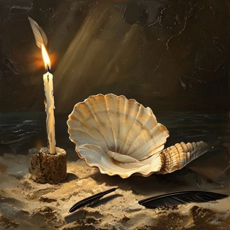 Concha marina abierta, vela y pluma de ave en pintura al óleo