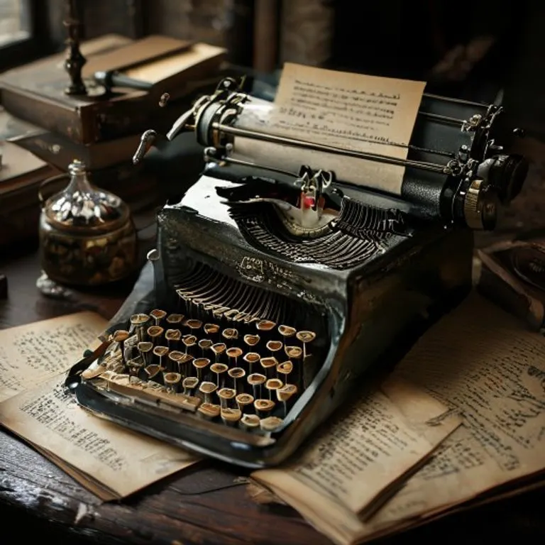 Fotografía de bodegón de una máquina de escribir antigua con textos filosóficos y un reloj de arena, simbolizando la reflexión.