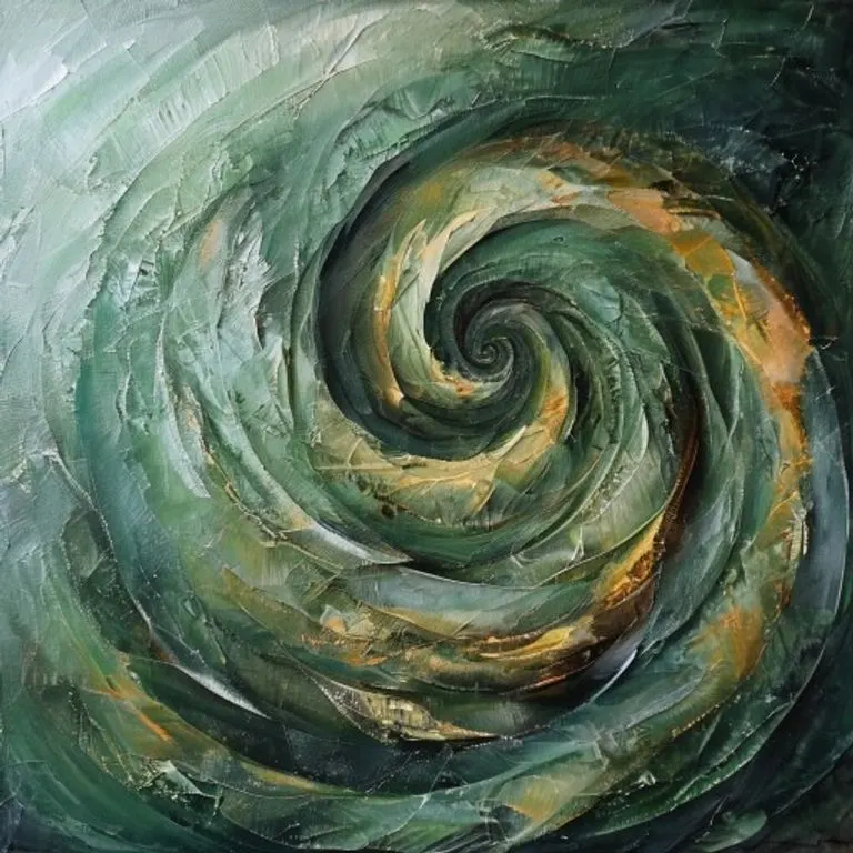 Pintura al óleo abstracta de un vórtice de colores tenues con patrones geométricos, simbolizando el karma y la mente subconsciente.