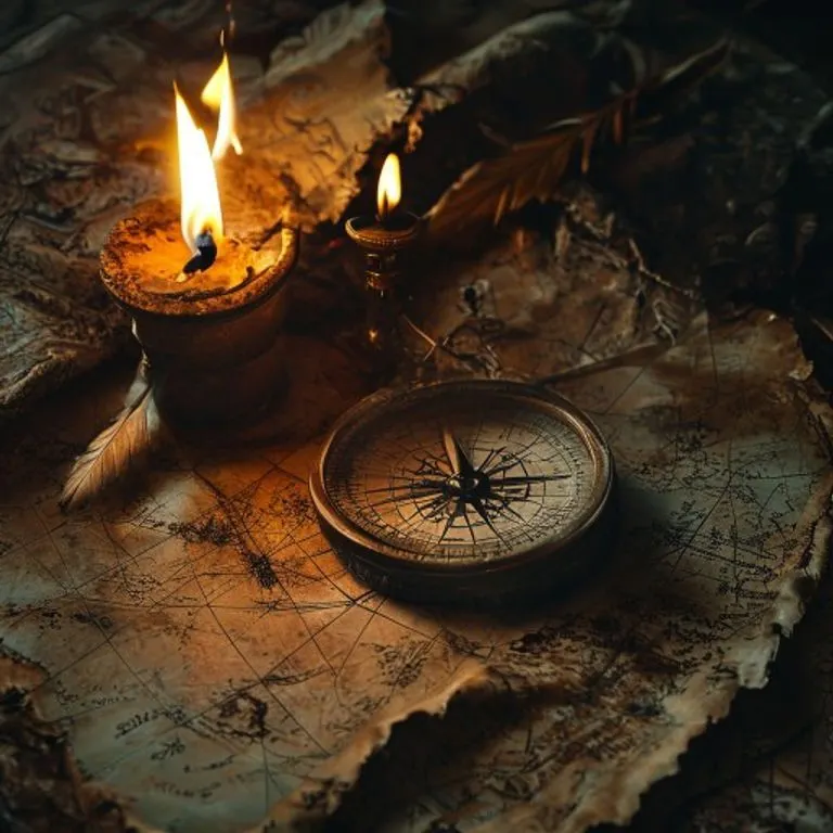 Bodegón cinematográfico de una brújula antigua sobre un mapa desplegado, con una antorcha y una pluma, bajo una luz dramática. Sugiere exploración y el inicio de un viaje.