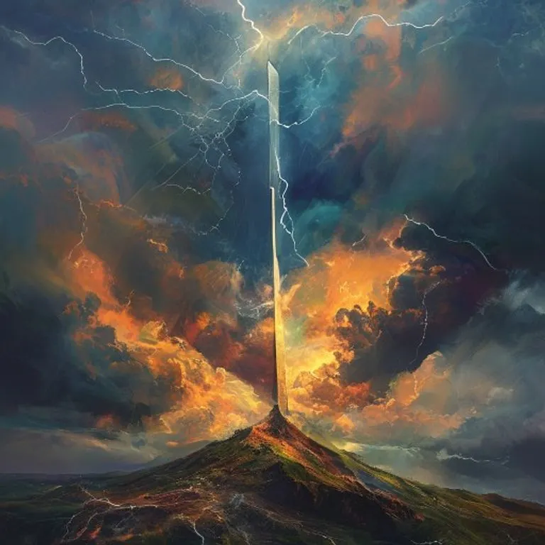 Arte conceptual abstracto de un obelisco solitario que atraviesa un cielo tormentoso, con un rayo golpeando su cima, simbolizando ambición y resiliencia. El paisaje es dramático y salvaje.