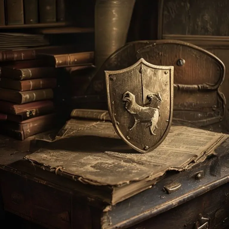 Fotografía cinematográfica de un escudo metálico antiguo con un grabado de perro, sobre un escritorio de madera con libros antiguos.