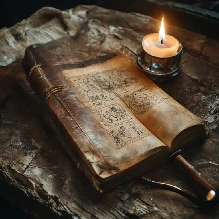 Diario astrológico antiguo con símbolos y vela