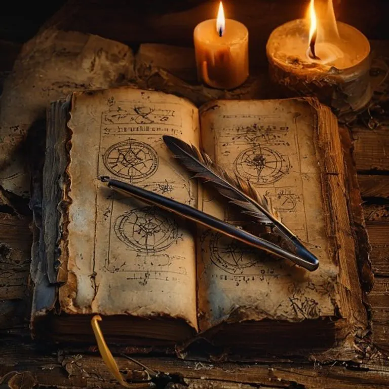 Grimorio antiguo abierto con sigilos dibujados a mano, pluma y vela