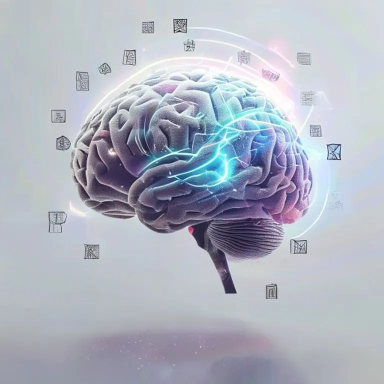 Silueta cerebral emitiendo ondas de energía con símbolos geométricos abstractos