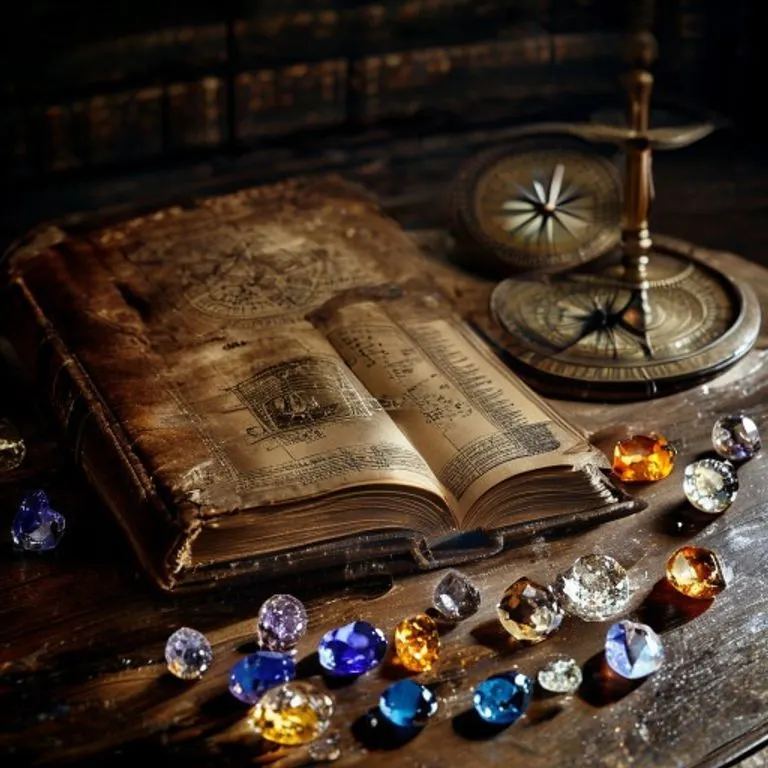 Fotografía cinematográfica de naturaleza muerta, un antiguo libro de astrología de cuero abierto en una página con cartas estelares, junto a una brújula gastada, rodeado de gemas pulidas y brillantes sobre una mesa de madera oscura, iluminación dramática.