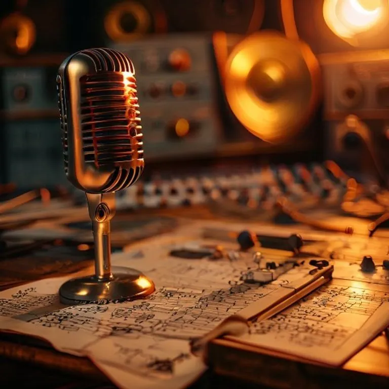 Estudio de grabación vintage de los años 80 con un micrófono desgastado, partituras y un disco de oro, iluminado por luces dramáticas.