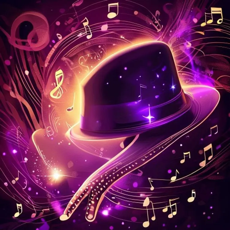 Ilustración digital de una silueta de sombrero fedora y un guante brillante, rodeados de notas musicales y patrones de luz abstractos, en tonos morados y dorados.