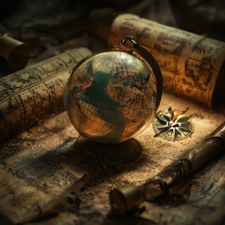 Un globo terráqueo antiguo y desgastado con mapas históricos, iluminado por un rayo de luz. Rodeado de pergaminos y manuscritos antiguos, con una brújula apuntando al este. Sombras dramáticas y texturas ricas.