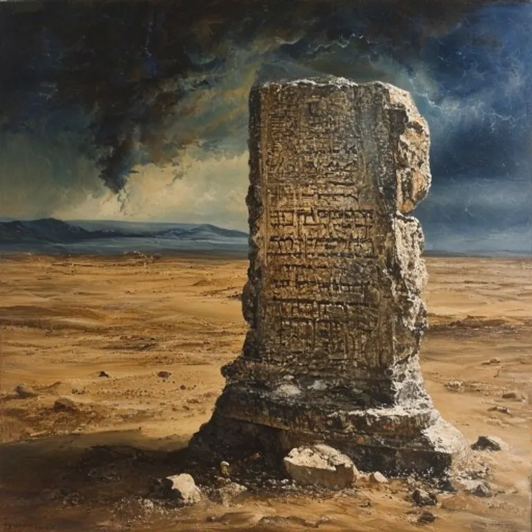 Una tableta de piedra rota con inscripciones hebreas descoloridas, sobre un pedestal en un desolado paisaje desértico. Un cielo tormentoso en la distancia. Estilo de pintura al óleo con fuerte contraste de luces y sombras. Sin figuras humanas.