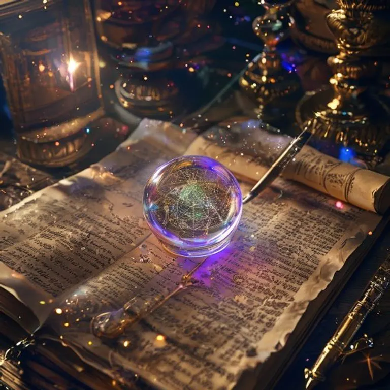 A meticulously rendered 3D scene of an open ancient grimoire with glowing astrological symbols, surrounded by a delicate crystal ball reflecting a nebula, a fountain pen, and scattered parchment scrolls with intricate script. No humans, no faces.