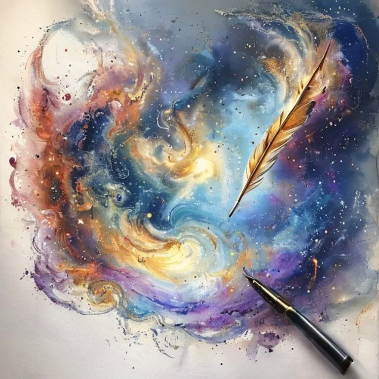 A vibrant watercolor painting of swirling cosmic dust and nebulae forming intricate patterns on a blank page, a golden light emanating from a distant star illuminating a quill pen poised above the paper, symbolizing cosmic inspiration for writing. No humans, no faces.