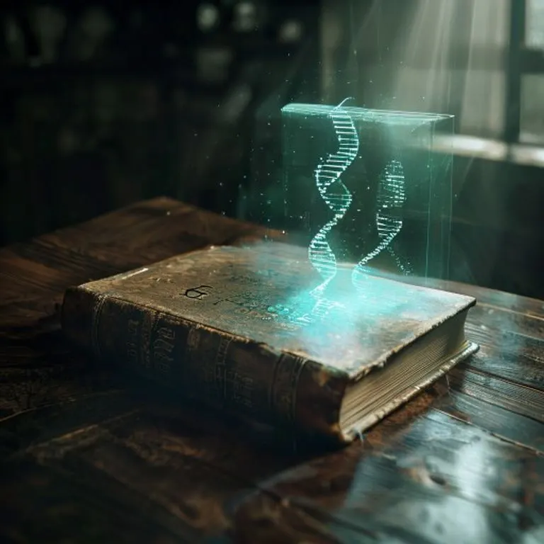 Libro antiguo sobre ética con una proyección holográfica de ADN.