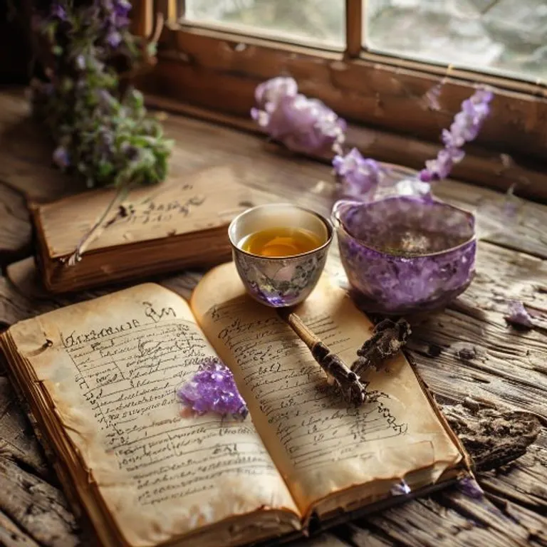 Fotografía still-life de un diario abierto con símbolos astrológicos, cristales de amatista y una taza de té, evocando un ambiente de calma y reflexión.