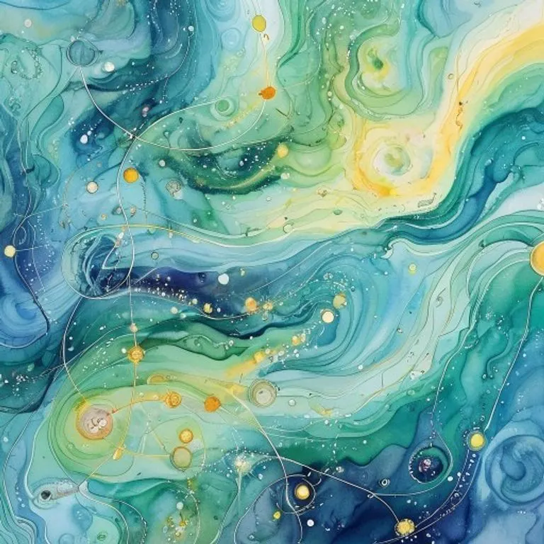 Pintura abstracta en acuarela con tonos azules y amarillos, representando el flujo de energías emocionales y cósmicas, con sutiles formas de órbitas planetarias.