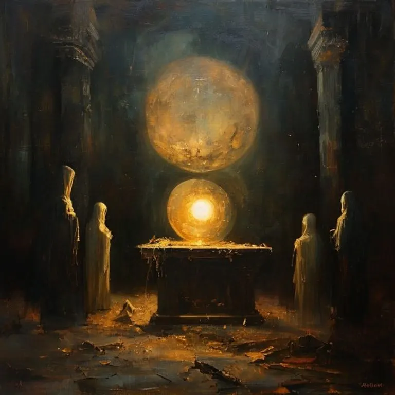 Pintura al óleo de un orbe brillante y engañoso sobre un altar, con figuras veladas en la oscuridad de fondo