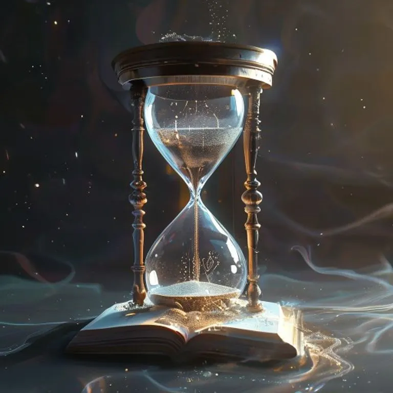 Ilustración digital 3D de un reloj de arena vertiendo arena sobre un libro de profecías, con símbolos de esperanza y vigilancia