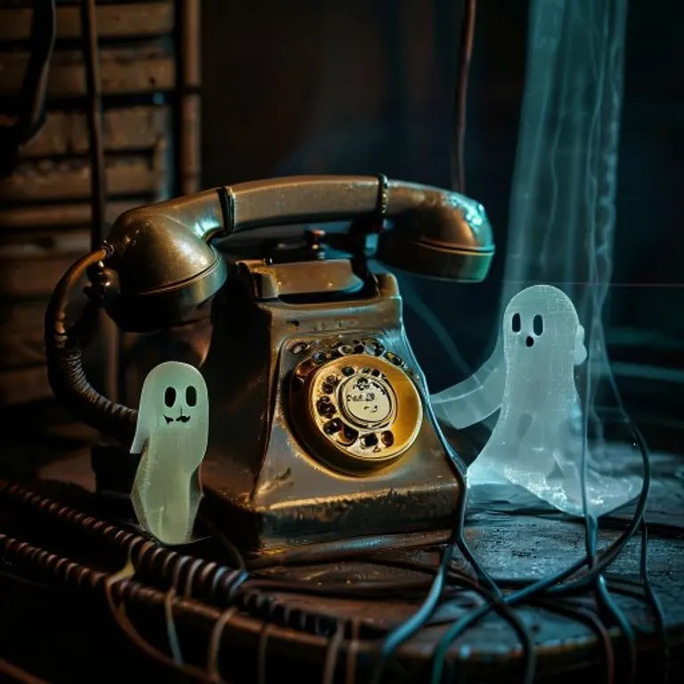 Teléfono antiguo enredado con cables de fibra óptica y figura digital