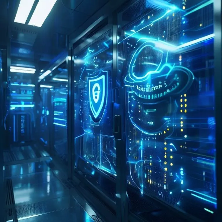 Rack de servidores con símbolo de escudo y flujos de datos