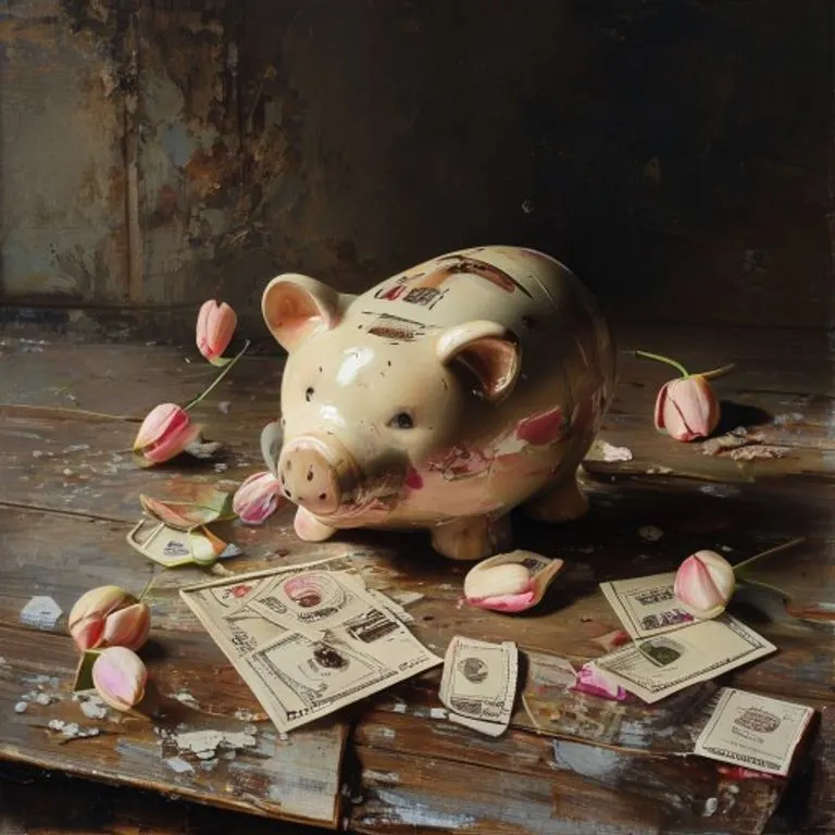 Un bodegón pintado al óleo de una hucha de porcelana rota derramando certificados de acciones descoloridos y pétalos de tulipán secos sobre una mesa de madera envejecida, con luz suave y melancólica.