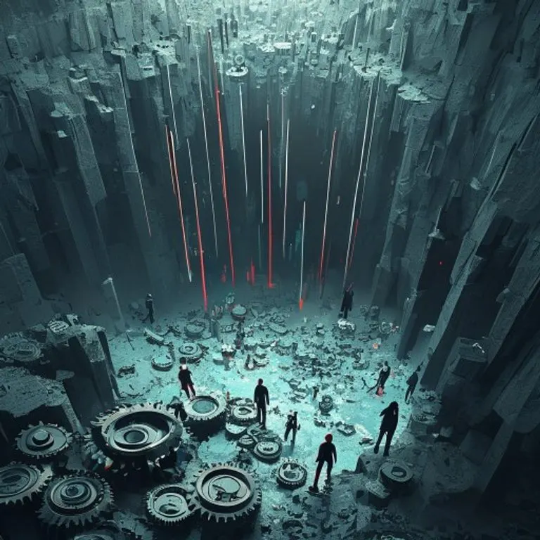 Una ilustración digital 3D de una línea de gráfico estilizada que se desploma en un abismo, con pequeñas figuras abstractas observando desde el borde, y el abismo lleno de engranajes rotos y símbolos de moneda digital destrozados, en colores fríos y metálicos.